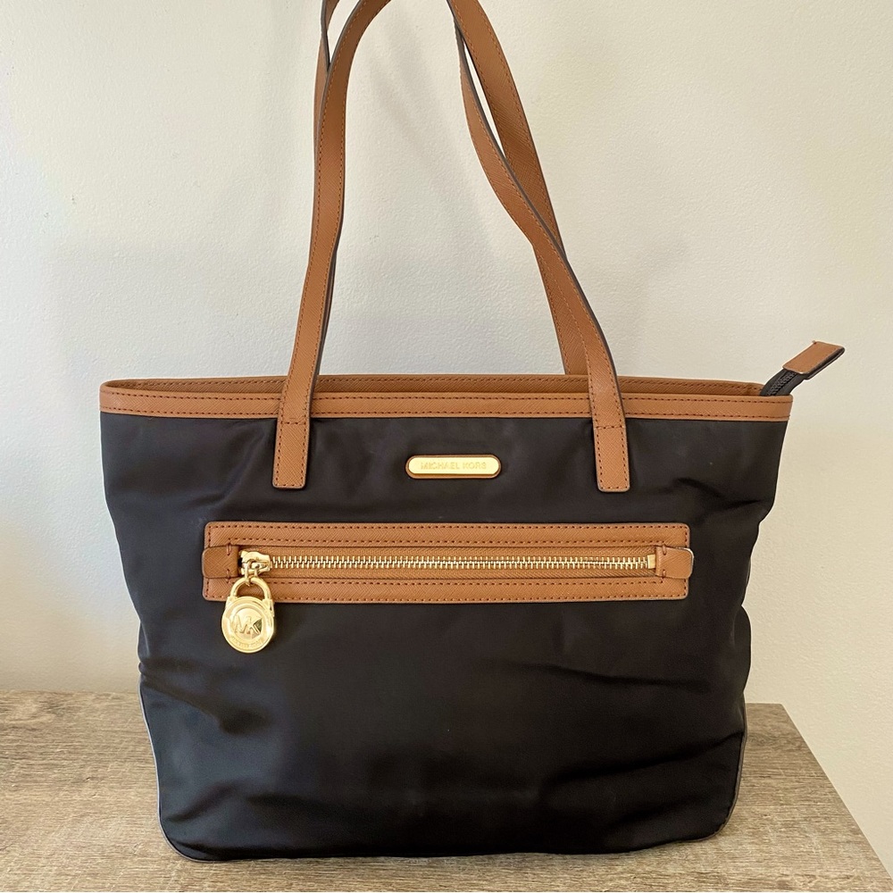 Michael Kors Kempton Black Nylon Brown Leather Tote